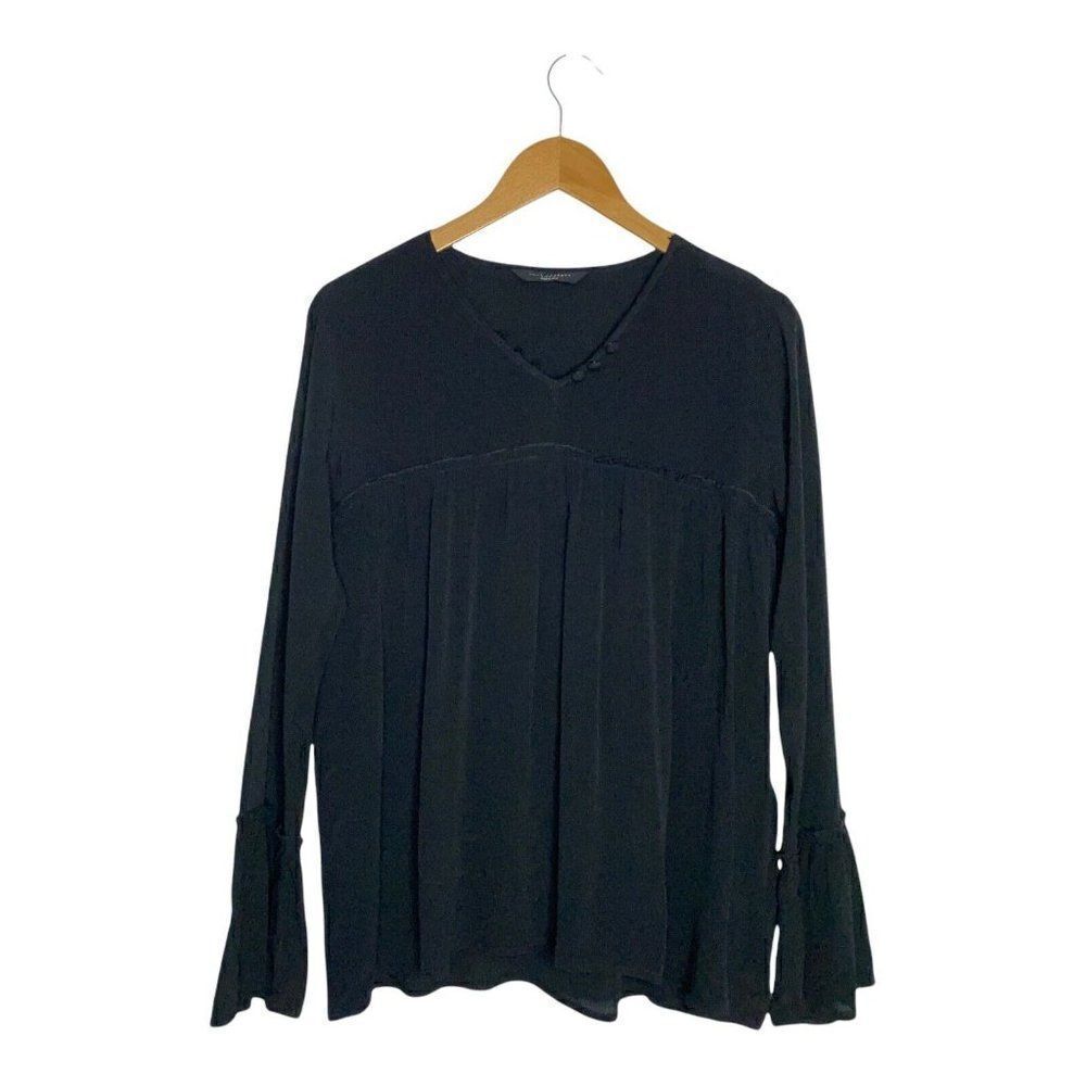 Knot Sisters Top Women's Small Black Empire Waist Blouse Long Bell Sleeves Vneck